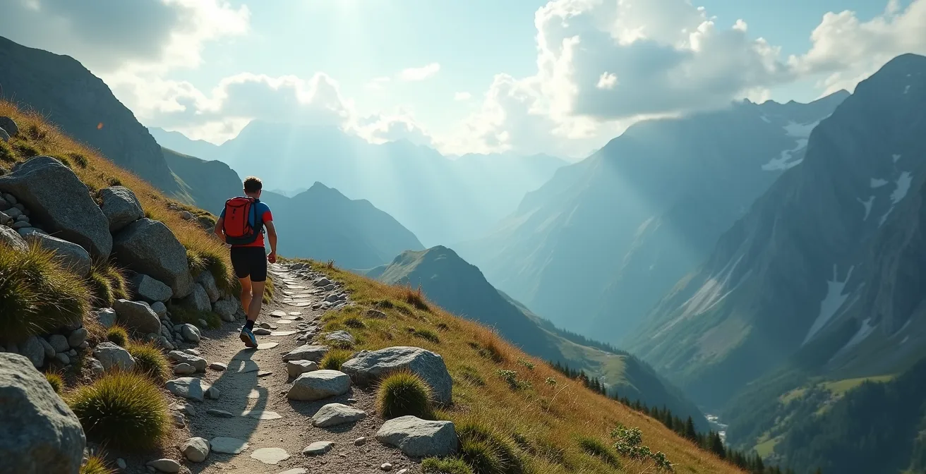 Bergsportler mit technischer Ausrüstung in alpiner Umgebung zeigt professionelle Identität