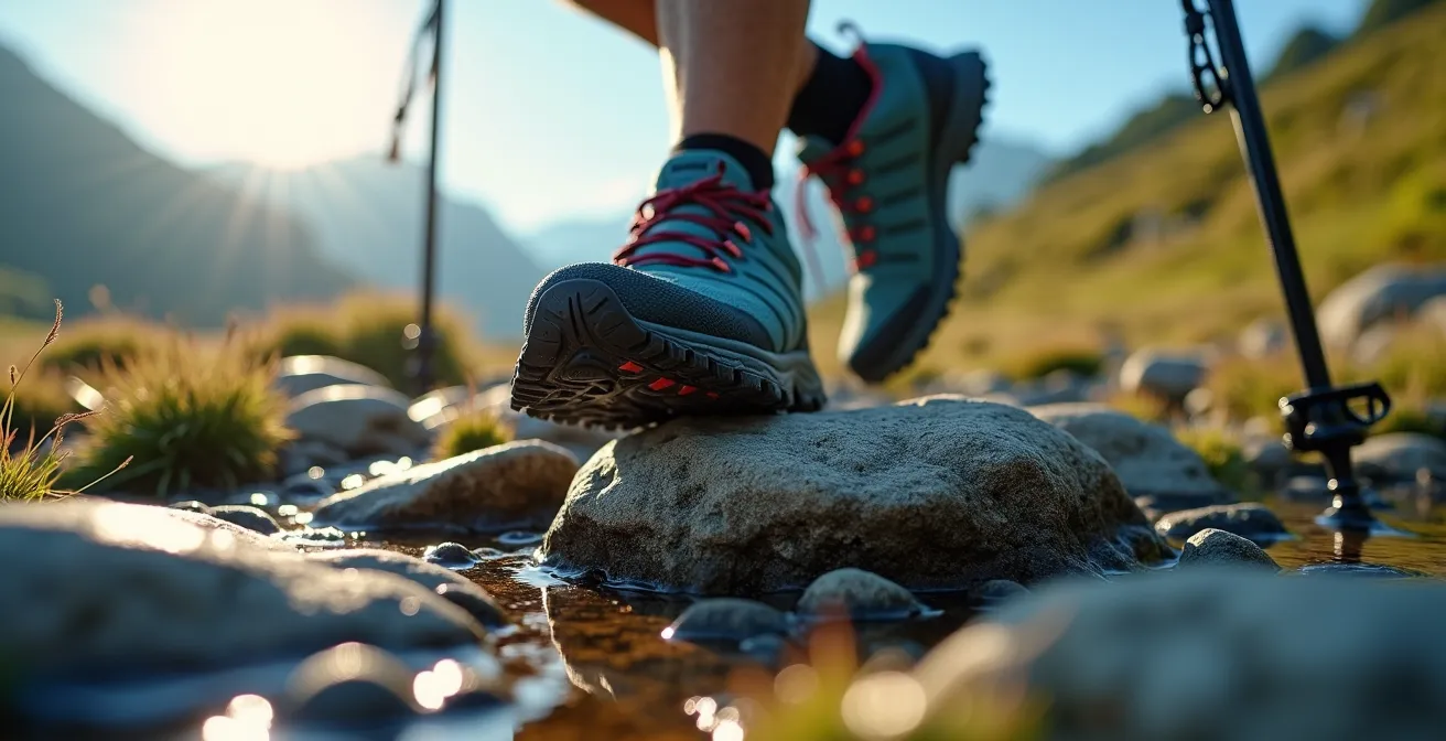 Nahaufnahme von Trailrunning-Schuhen und Stöcken auf alpinem Pfad