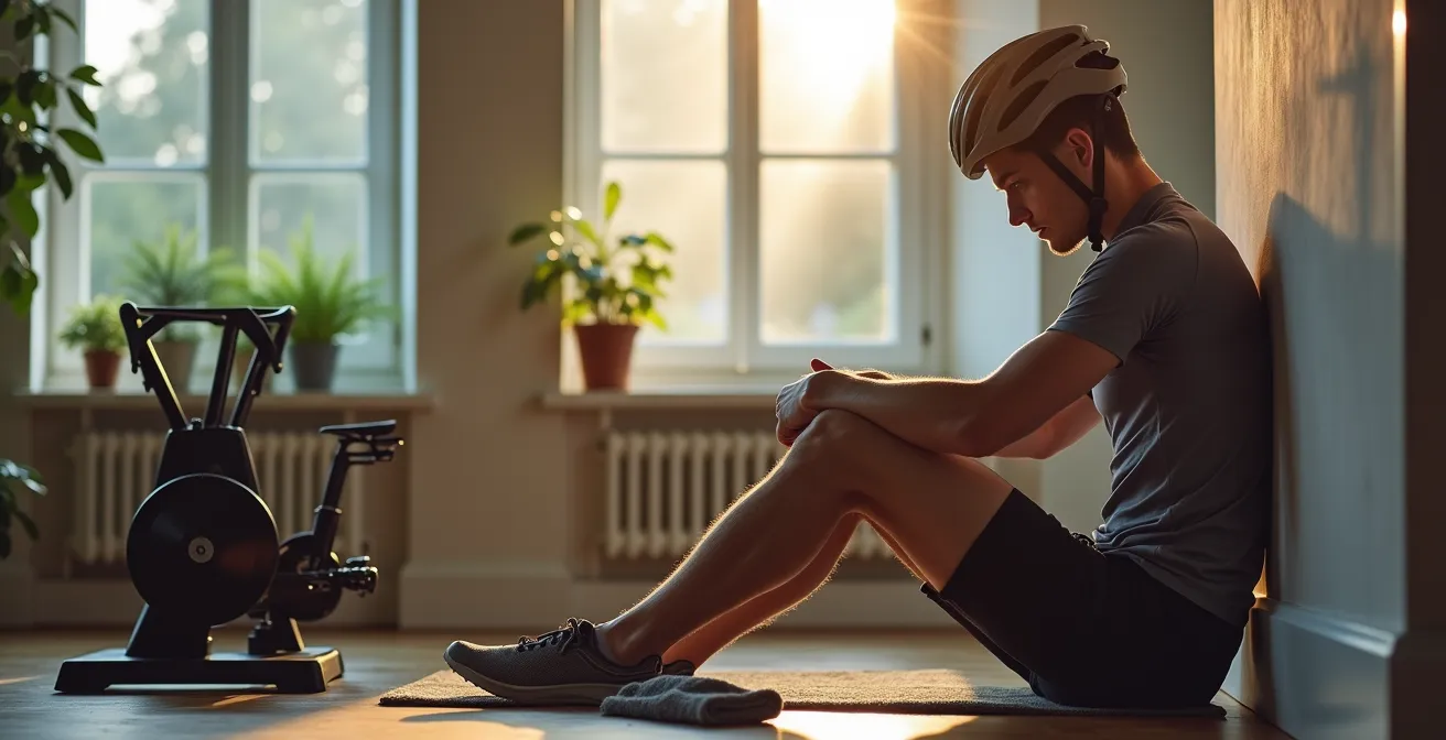 Erschöpfter Radfahrer pausiert neben Smart-Trainer in ruhiger Umgebung mit sanftem Licht