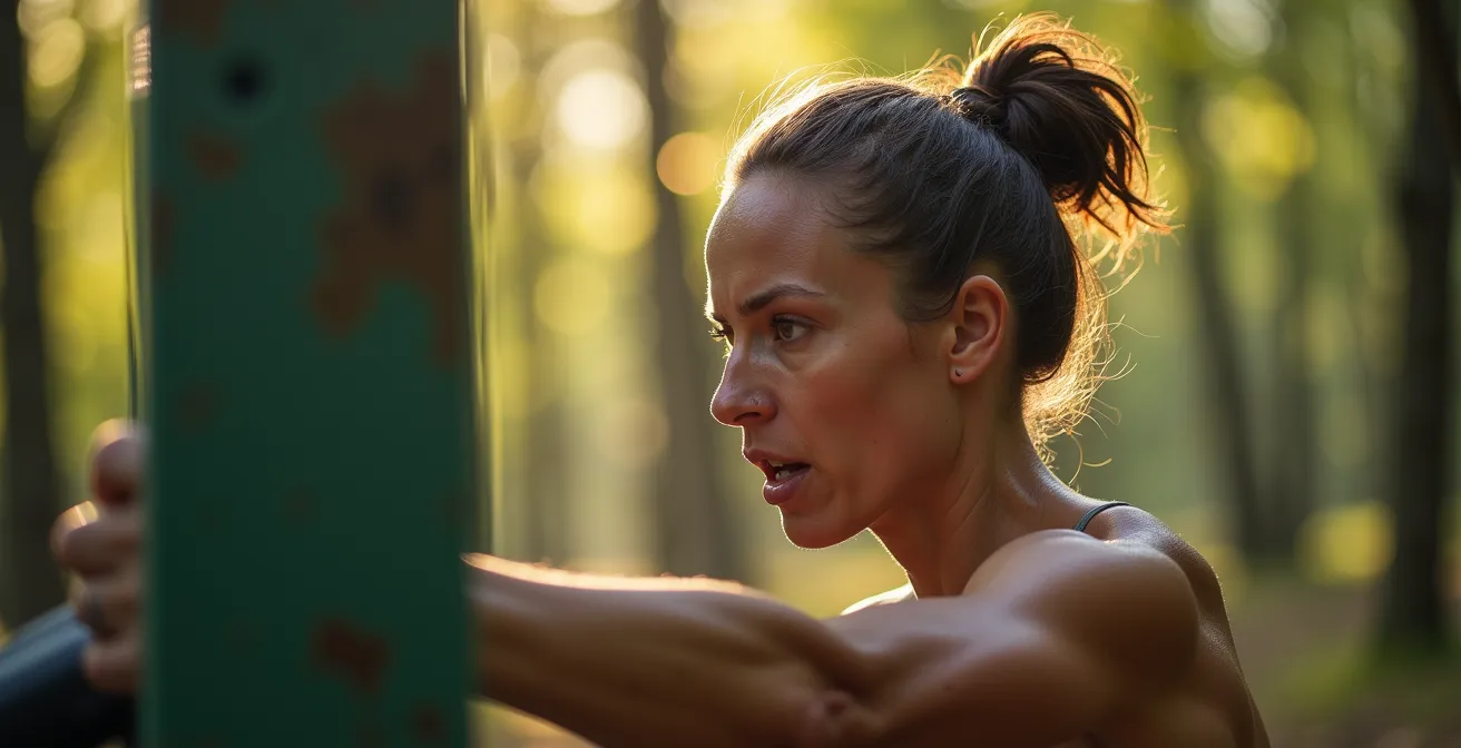 Läufer absolviert konzentriert eine Übung auf einem Schweizer Vitaparcours im Wald.