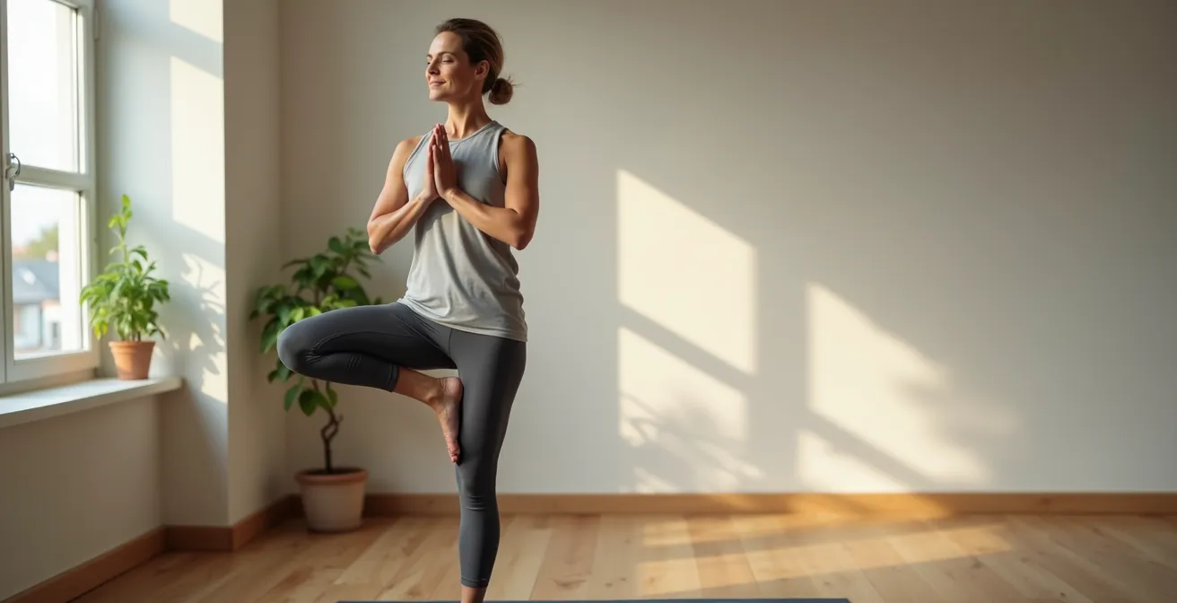 Person in konzentrierter Yoga-Pose mit geschlossenen Augen in einem minimalistisch eingerichteten Raum, was fokussierte Praxis symbolisiert.