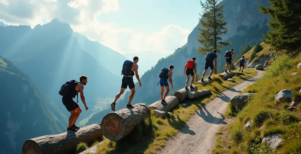 Bergsteiger beim vielseitigen Training in alpiner Umgebung mit verschiedenen Bewegungsformen Bergsteiger beim vielseitigen Training in alpiner Umgebung mit verschiedenen Bewegungsformen
