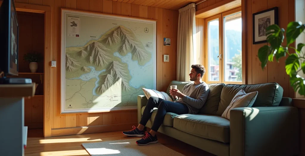 Wohnzimmer mit dezent platzierten Sportutensilien und Schweizer Wanderkarte an der Wand Wohnzimmer mit dezent platzierten Sportutensilien und Schweizer Wanderkarte an der Wand